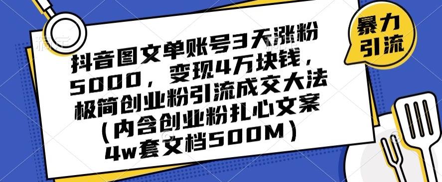 抖音图文单账号3天涨粉5000，变现4万块钱，极简创业粉引流成交大法-情久项目网