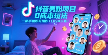 抖音男粉项目0成本玩法，一部手机即可操作，日均4张+，时间自由-情久项目网