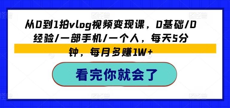 从0到1拍vlog视频变现课，0基础/0经验/一部手机/一个人，每天5分钟，每月多赚1W+-情久项目网
