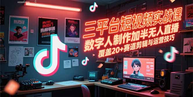三平台短视频实战课，数字人制作加半无人直播，覆盖20+赛道剪辑与运营技巧-情久项目网