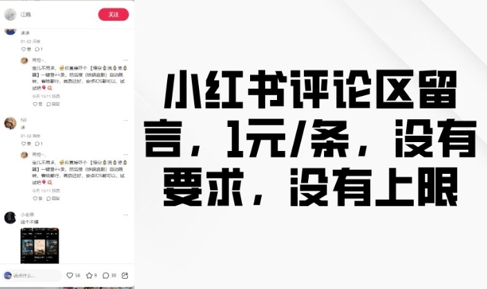 小红书评论区留言，1元条，没有要求，没有上限-情久项目网