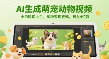 AI生成萌宠动物视频，小白轻松上手，多种变现方式，日入4位数-情久项目网