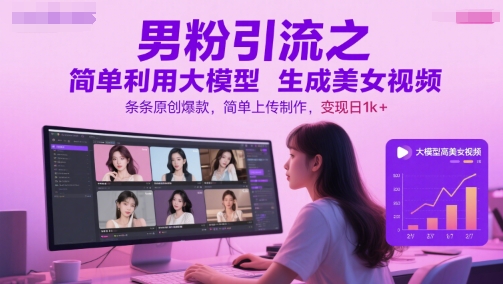 男粉引流之简单利用大模型生成美女视频，条条原创爆款，简单上传制作，变现日1k+-情久项目网