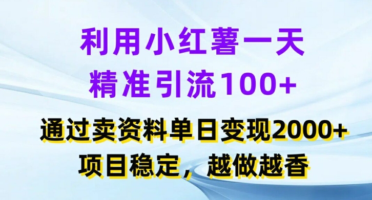 利用小红书一天精准引流100+，通过卖项目单日变现2k+，项目稳定，越做越香【揭秘】-情久项目网