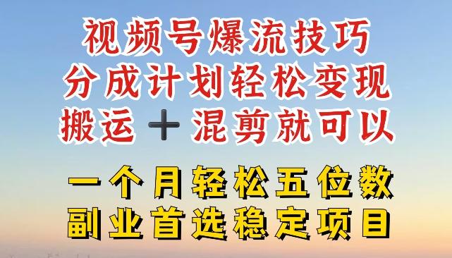 视频号爆流技巧，分成计划轻松变现，搬运 +混剪就可以，一个月轻松五位数稳定项目【揭秘】-情久项目网