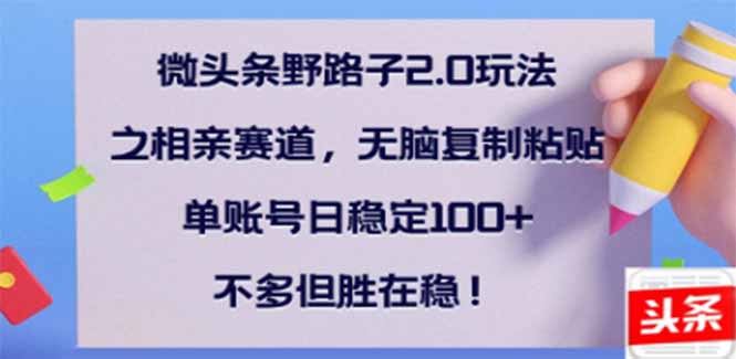 微头条野路子2.0玩法之相亲赛道，无脑搬砖复制粘贴，单账号日稳定300+...-情久项目网