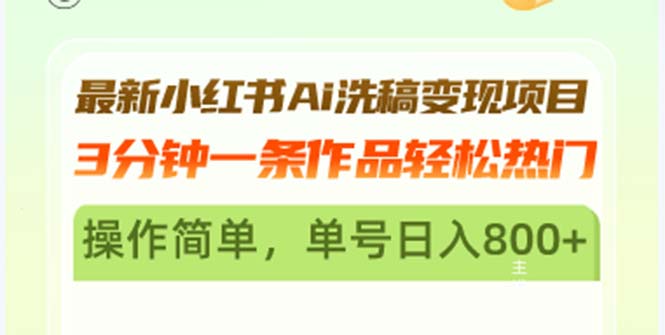 最新小红书Ai洗稿变现项目 3分钟一条作品轻松热门 操作简单，单号日入800+-情久项目网