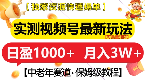实测视频号最新玩法，中老年赛道，独家资源，月入过W+【揭秘】-情久项目网