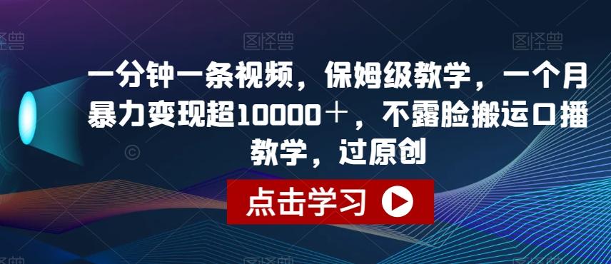 一分钟一条视频，保姆级教学，一个月暴力变现超10000＋，不露脸搬运口播教学，过原创-情久项目网