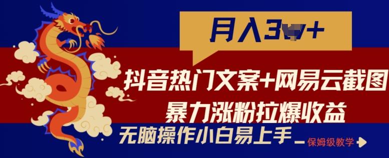 抖音热门文案+网易云截图暴力涨粉拉爆收益玩法，小白无脑操作，简单易上手【揭秘】-情久项目网