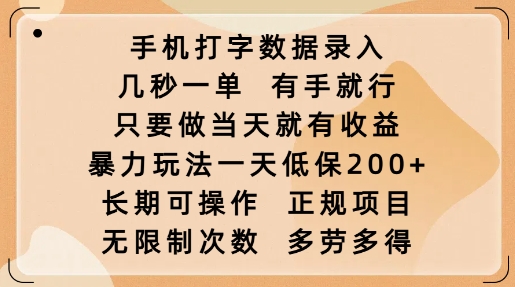 手机打字数据录入，几秒一单，有手就行，只要做当天就有收益，暴力玩法一天低保2张-情久项目网
