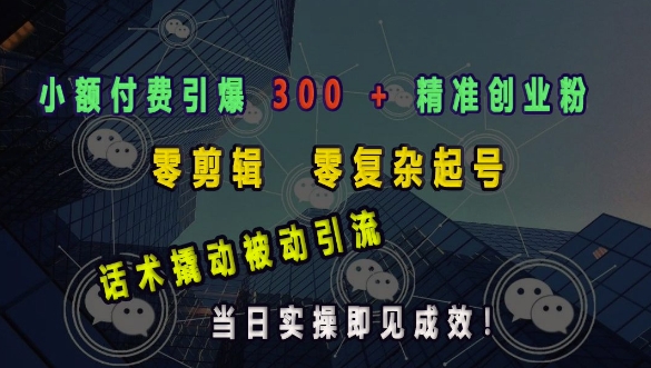 小额付费引爆 300 + 精准创业粉，零剪辑、零复杂起号，话术撬动被动引流，当日实操即见成效-情久项目网
