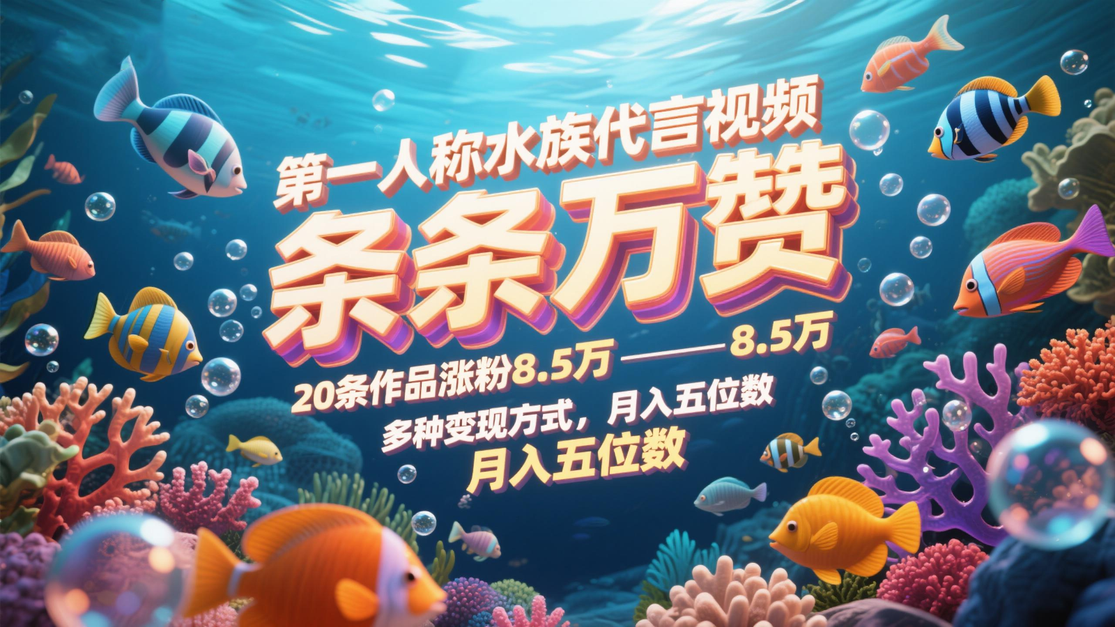 第一人称水族代言视频，条条万赞，20条作品涨粉8.5万，多种变现方式月，入五位数-情久项目网