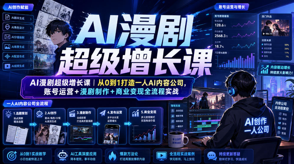 AI漫剧超级增长课｜从0到1打造一人AI内容公司，账号运营+漫剧制作+商业变现全流程实战-情久项目网