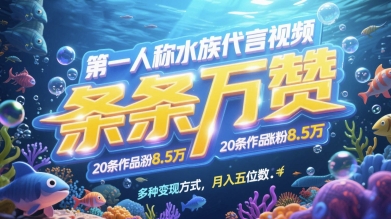 第一人称水族代言视频，条条万赞，20条作品涨粉7.8W，多种变现方式月入五位数-情久项目网